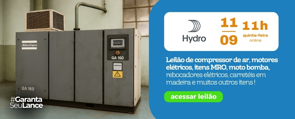 Leilão de compressor de ar, motores elétricos, itens MRO, moto bomba, rebocadores elétricos, carretéis em madeira | DeSeuLance