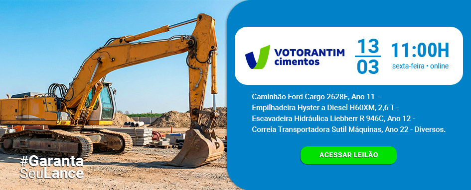 Leilão de escavadeira hidráulica, caminhão e muito mais