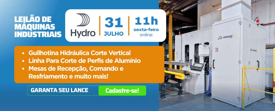 Leilão de Guilhotina Hidráulica Corte Vertical Linha Para Corte de Perfis de Alumínio Mesas de Recepção, Comando e Resfriamento e muito mais!