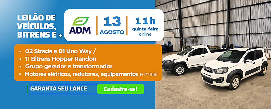 Leilão com 02 Strada e 01 Uno Way / 11 Bitrens Hopper Randon Grupo gerador e transformador Motores elétricos, redutores, equipamentos | DeSeuLance